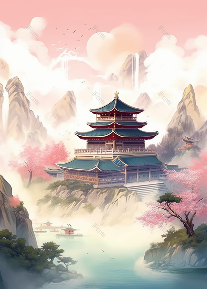 唯美粉色桃花山中建筑手绘,插画/手绘图,插画/手绘图库,插画/手绘图下载,插画/手绘